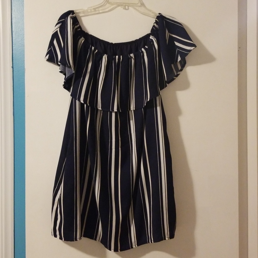 Off the shoulder navy and white dress